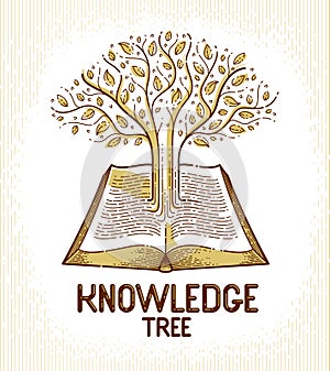 Tree growing from text lines of an open vintage book education or science knowledge concept, educational or scientific literature