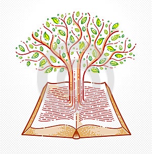 Tree growing from text lines of an open vintage book education or science knowledge concept, educational or scientific literature