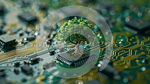 A tree is growing on top of a computer chip