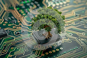 Tree is growing on top of a computer chip
