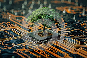 Tree is growing on top of a computer chip.