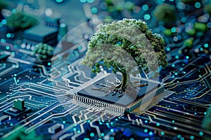 Tree is growing on top of a computer chip.