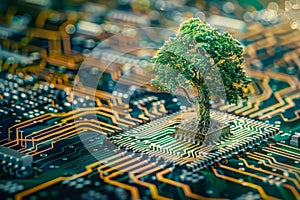 Tree is growing on top of a computer chip.