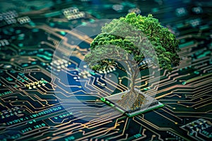 Tree is growing on top of a computer chip