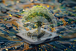 Tree is growing on top of a computer chip.
