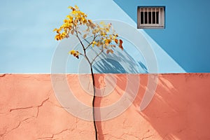 a tree growing on a wall in front of a blue and pink building