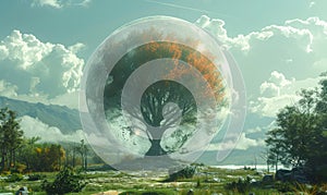 Tree grows inside glass sphere in surreal landscape