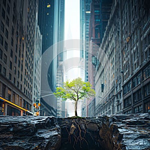 A tree grows out of a crevice photo