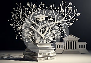 The tree grows from a stack of books, symbolizing knowledge and learning