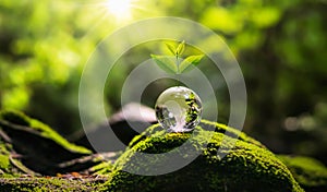 tree growth on globe glass in nature. concept eco earth day