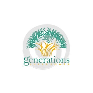 Tree growth logo with abstract people design vector template