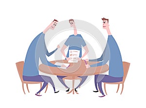 Tree guys having a conversation at the table. Business meeting, job interview, negotiation. Flat vector illustration