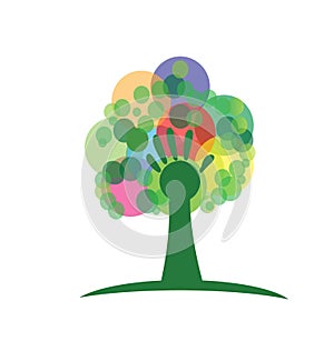 Tree hand with creative grunge bubble colors logo vector