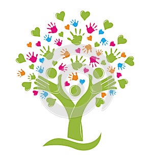 Tree with hands and hearts family figures logo