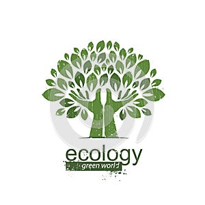 Tree and hands. Logo, icon. Vector illustration