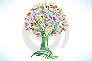 Tree hands prints love hearts logo vector