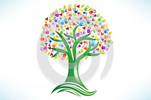 Tree hands prints love hearts logo vector