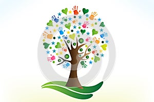 Tree hearts and hands print people figures logo vector image