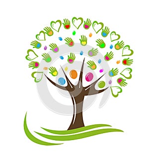 Tree hearts and hands vector logo