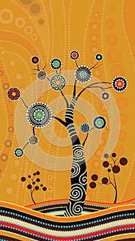 Tree on the hill, Aboriginal tree, Aboriginal art vector painting with tree. Illustration based on aboriginal style of dot backgro