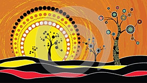 Tree on the hill, Aboriginal tree, Aboriginal art vector painting with tree and sun. Illustration based on aboriginal style of dot