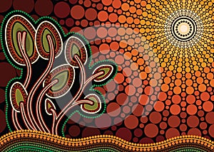 Tree on the hill, Aboriginal tree, Aboriginal art vector painting with tree and sun