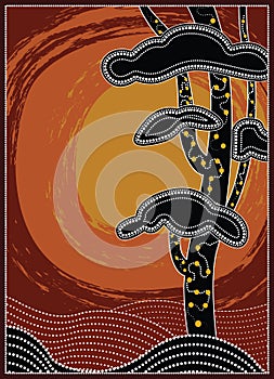 Tree on the hill, Aboriginal tree, Aboriginal art vector painting with tree.