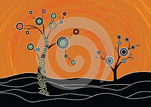 Tree on the hill, Aboriginal tree, Aboriginal art vector painting with tree.