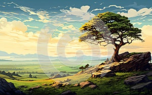 Tree on a hill with sunset sky in background. Nature landscape. Generative Ai illustration