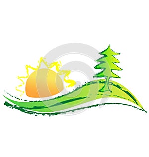 Tree hill top with sunset, icon vector