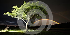 Tree of hope illuminated by light and rainbow in darkness