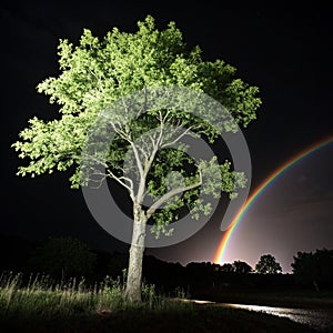 Tree of hope illuminated by light and rainbow in darkness
