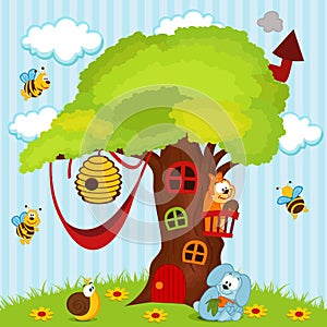 Tree house with animals