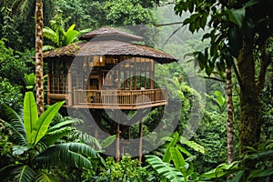 A tree house built among the dense foliage of a thriving jungle, providing a unique and immersive experience within nature, A