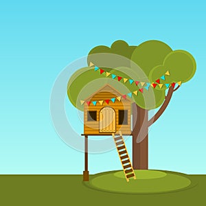 Tree House children's games. Vector Playhouse on the tree. Secret place.