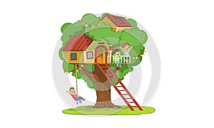 Tree House for Kids, Boys Playing and Having Fun in Treehouse, Kids Playground with Swing and Ladder Vector Illustration