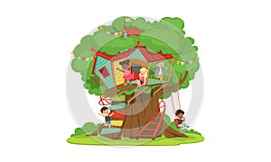 Tree House for Kids, Cute Happy Boys and Girls Playing and Having Fun in Treehouse, Kids Playground with Swing and