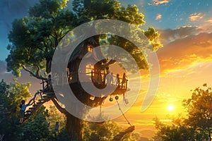 A Tree House in the Middle of a Forest, A lively treehouse filled with children watching the sunset, surrounded by lush green