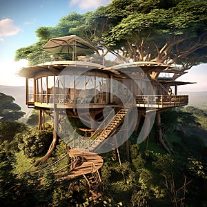 a tree house in the middle of the jungle
