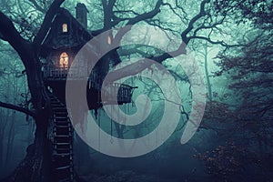 A tree house nestled amidst towering trees in the heart of a lush and dense forest, Haunted treehouse hidden in the depths of a
