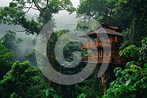 A tree house nestled in the dense foliage of a vibrant forest, providing a unique and elevated retreat, Tree house in a verdant