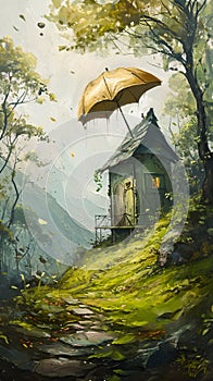 Tree House Painting With Umbrella in a Serene Garden Setting