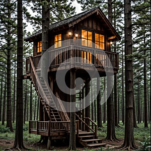 Tree house with stairs in forest, surrounded by natural landscape