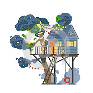 Tree-house with string light at evening. Vector illustration isolated on white background