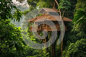 A tree house surrounded by lush foliage, standing tall amidst the dense forest canopy, A treehouse in a lush, tropical rainforest