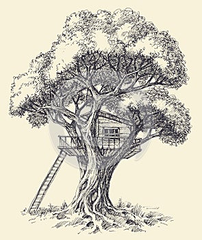 Tree house vector hand drawing