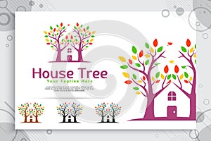Tree house vector logo made from two trees incorporate with house as a symbol icon a residence like village house, can use for