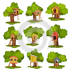 Tree houses set, wooden huts on green trees for kids outdoor activity and recreation vector Illustrations on a white