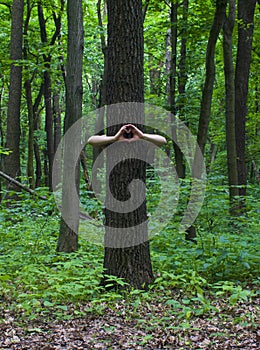 Tree hugging. Close-up of hands hugging tree a