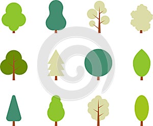 Tree icon. Flat trees set. Flat forest tree and bush nature plant isolated vector illustration.